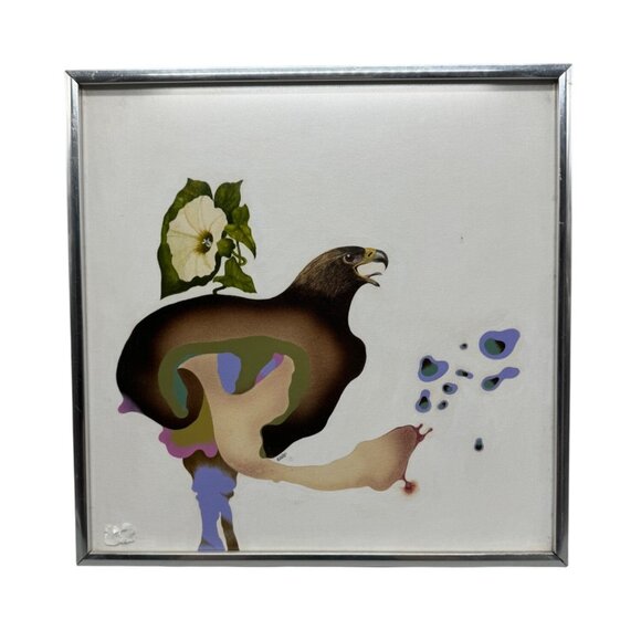 Vtg Abstract Eagle Art Print Elston floral square 12" white brown metal frame - Picture 1 of 8